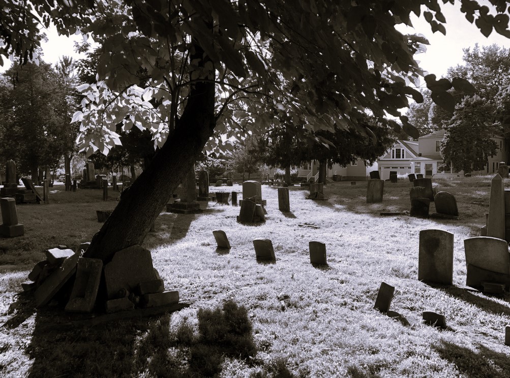 black and white image of a cemetery